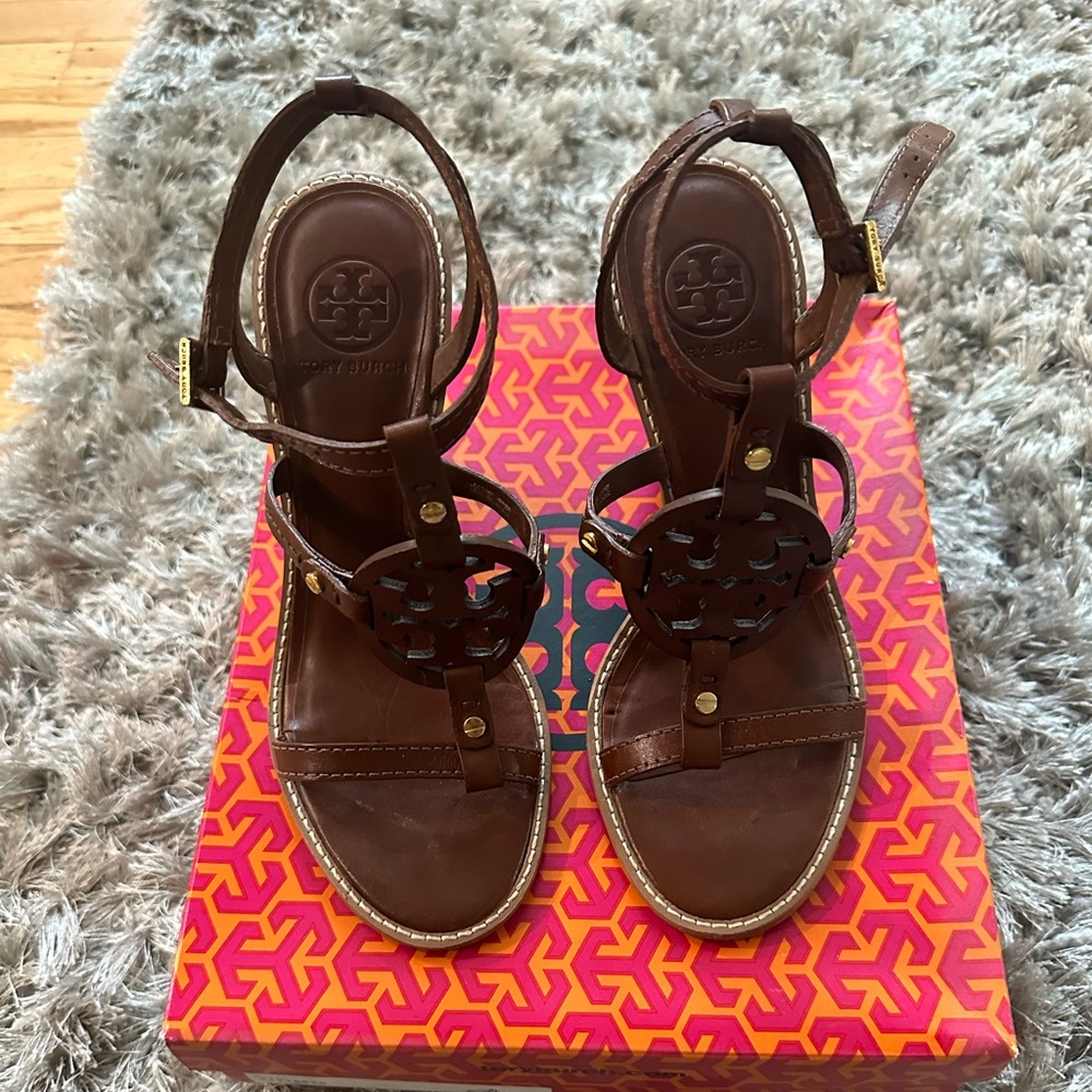 Tory Burch Brown wedge sandals size 8.5. Excellent condition! Worn once!
